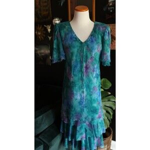 Vintage Cattiva Ruffle Layered Multicolor Maxi Dress Flutter Sleeve Size 8